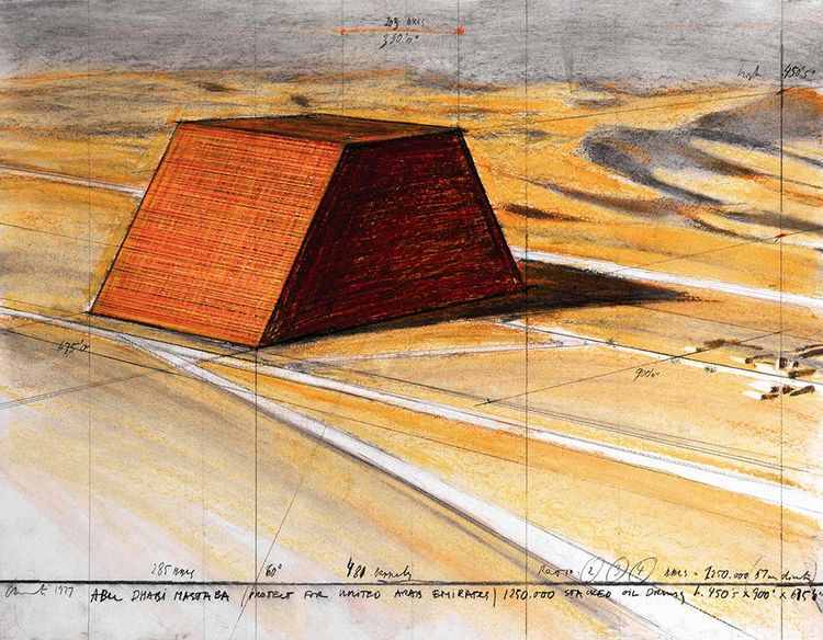 Le projet du « Mastaba d'Abu Dhabi » dessiné par Christo en 1977.