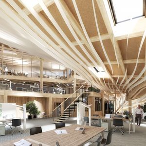 Pour le siège social de l'Office national des Forêts, actuellement en chantier à Maisons-Alfort, l'architecte Vincent Lavergne a conçu un dispositif spatial qui établit une relation visuelle entre les différents plateaux dédiés aux espaces collaboratifs.