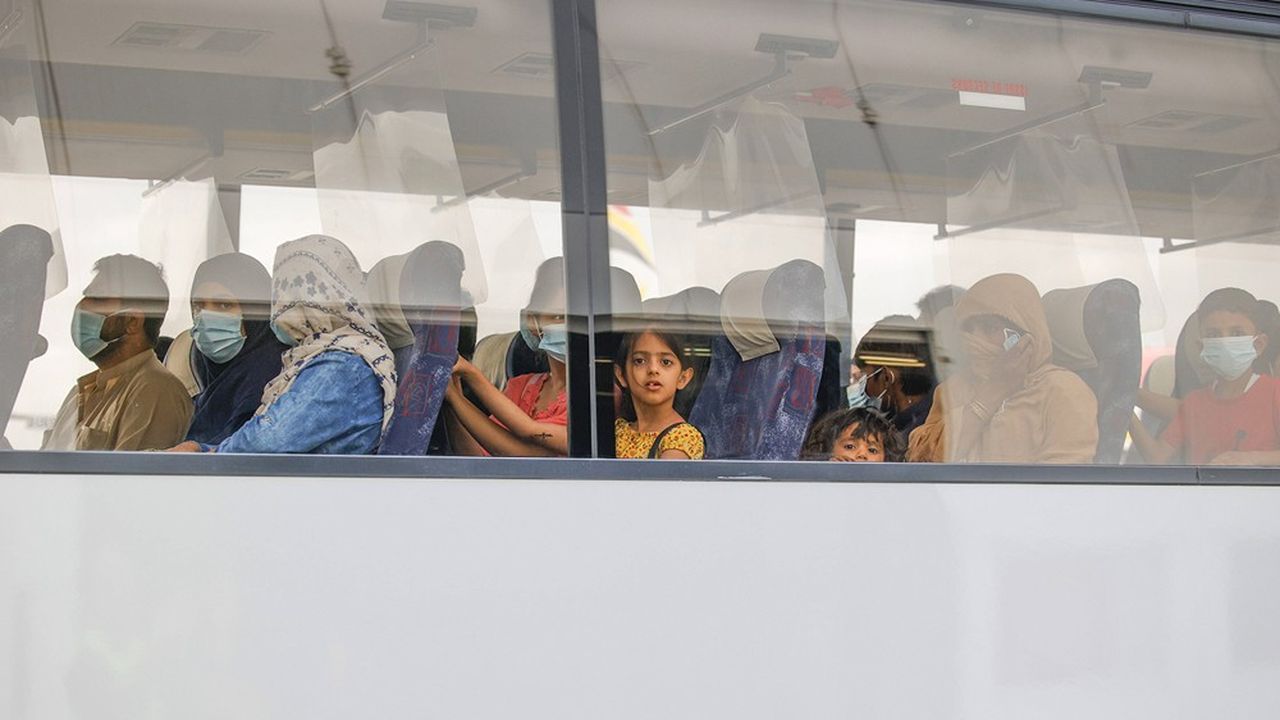 Des personnes venues d'Afghanistan attendent dans un bus après être descendues d'un vol affrété par la Belgique le 26 août 2021.