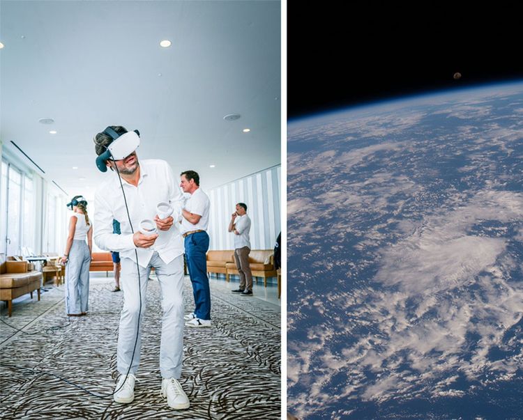 Equipés d'un casque de réalité virtuelle, les stagiaires testent un voyage vers la Lune (384400 kilomètres) à bord du méga vaisseau de SpaceX d'Elon Musk.