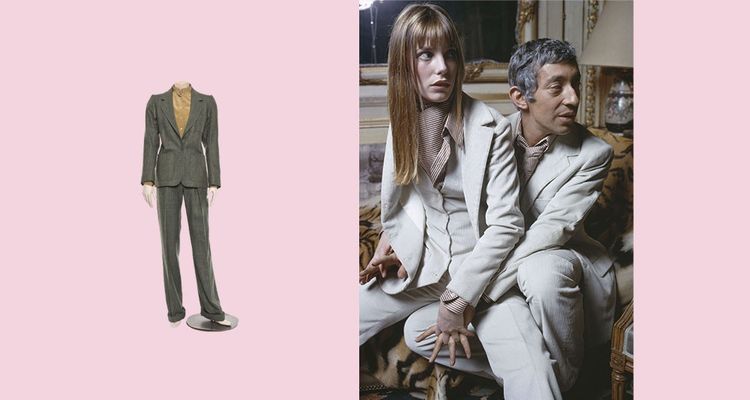 A gauche, tailleur-pantalon Yves Saint Laurent Rive gauche, 1978. A droite, Jane Birkin et Serge Gainsbourg à Paris en 1969. 