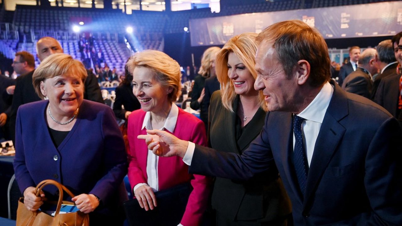 Angela Merkel et Ursula von der Leyen au congrès du PPE de novembre 2019 à Zagreb où l'ancien Premier ministre polonais Donald Tusk fut élu président.