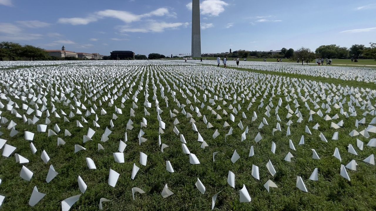 Aux Etats-Unis, 600.000 personnes sont mortes du Covid-19, symbolisées chacune par un petit drapeau blanc lors d'un hommage le 19 septembre à Washington.