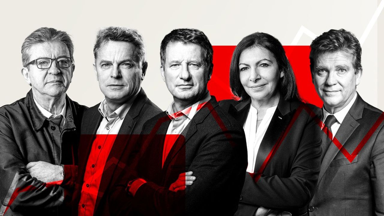 Les cinq principaux candidats de gauche à l'élection présidentielle : Jean-Luc Mélenchon, Fabien Roussel, Yannick Jadot, Anne Hidalgo et Arnaud Montebourg.