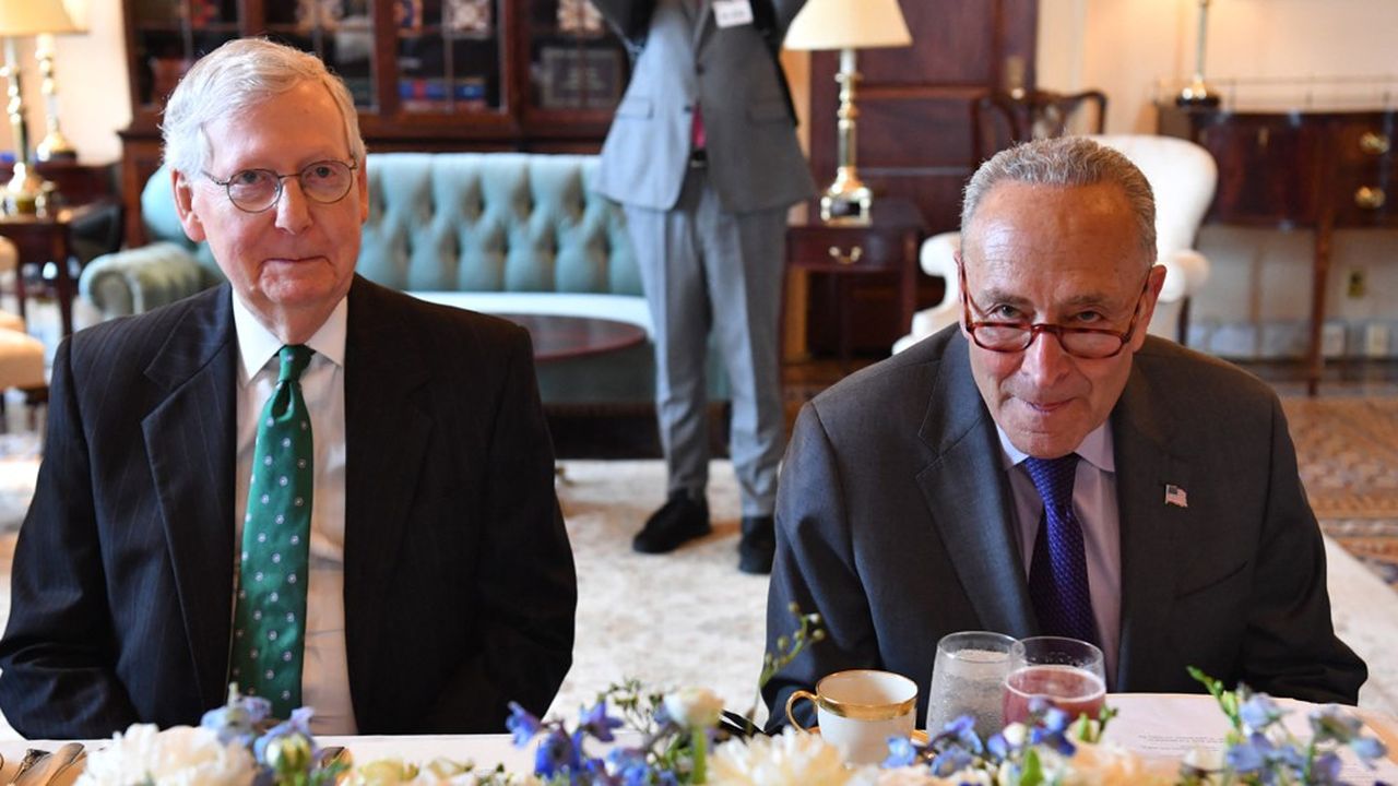 Le chef de file de la minorité républicaine au Sénat, Mitch McConnell (à gauche), et celui de la majorité démocrate, Chuck Schumer, en juillet dernier au Capitole.