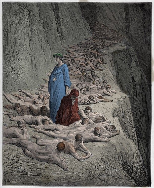 Le Purgatorio, Chant XIX : les âmes des avares. Dante, guidé dans le Purgatoire par le poète Virgile, parle avec la pape Adrien V. Illustration de Gustave Doré.