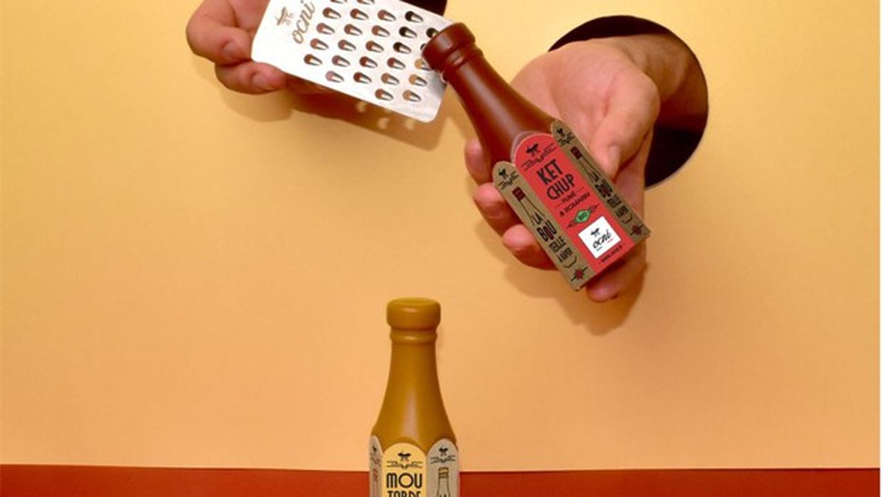 Ocni élargit sa gamme avec deux bouteilles à râper : moutarde douce au curry et ketchup fumé et romarin.