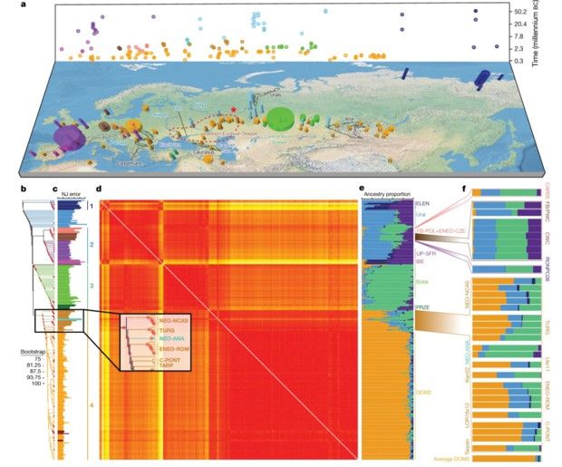 Graphique illustrant le travail mené par les chercheurs pour relier et classer chaque échantillon génétique sur une frise temporelle et sur une carte de l'Eurasie.