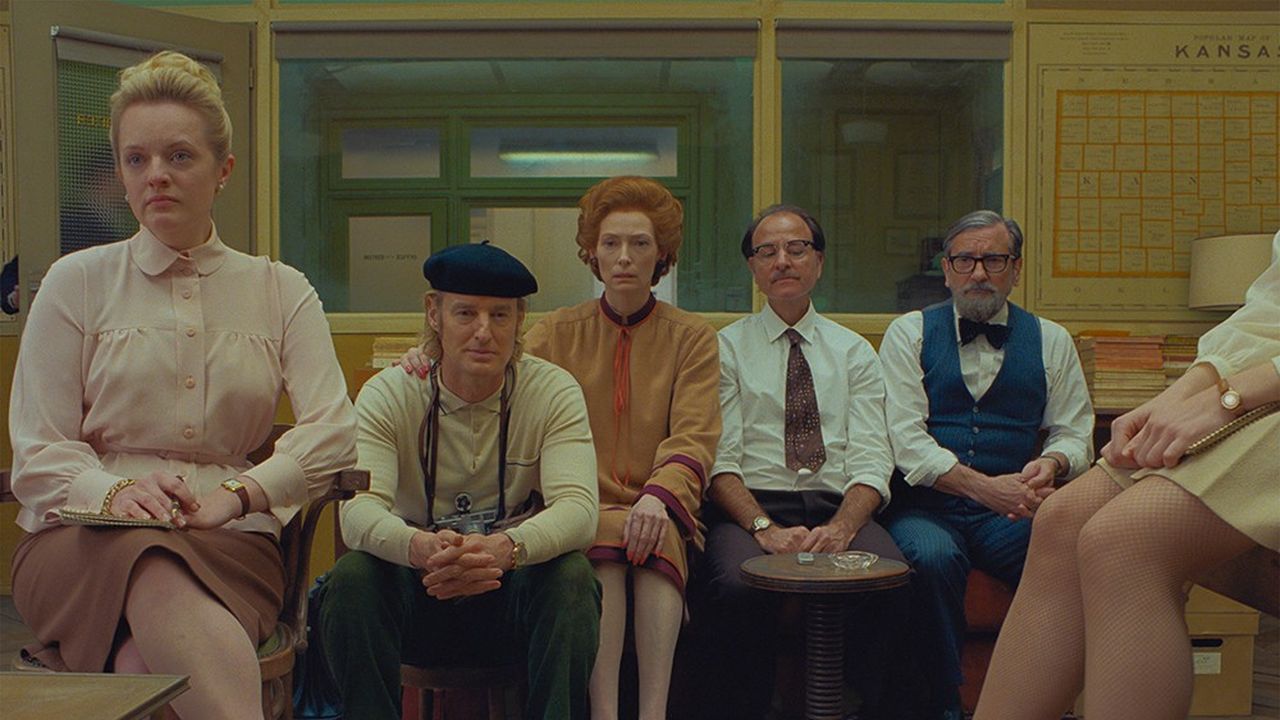 «French dispatch», le dernier film de Wes Anderson. De gauche à droite: Elisabeth Moss, Owen Wilson, Tilda Swinton, Fisher Stevens and Griffin Dunne.