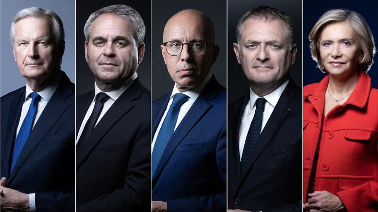 Les cinq candidats à l'Elysée à droite (par ordre alphabétique) : Michel Barnier, Xavier Bertrand, Eric Ciotti, Philippe Juvin et Valérie Pécresse.