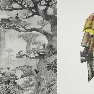 De gauche à droite : dessin à l'encre de François Schuiten et collage de Jean-Paul Goude. Deux oeuvres mises à pris 1.000 euros au profit d'Ecoles du monde.