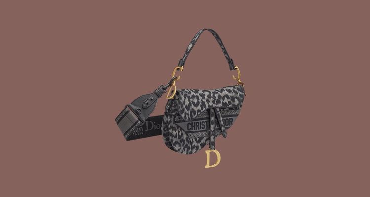 Le sac Saddle de Dior, réinterprété par Maria Grazia Chiuri, brodé d'un motif Mizza gris.