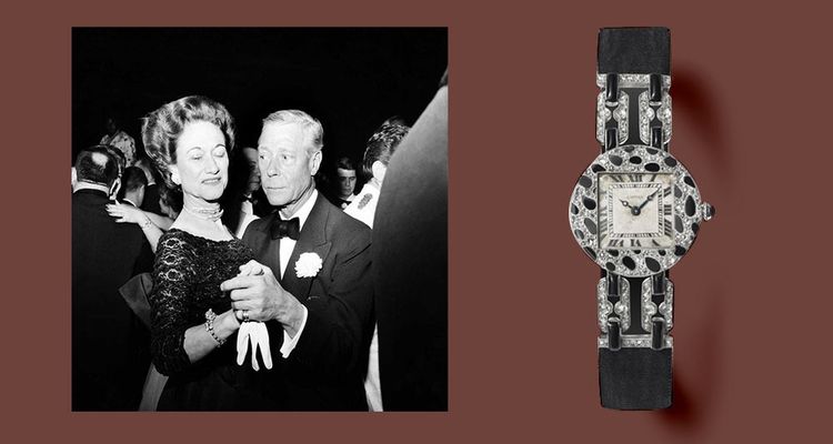 Le duc et la duchesse de Windsor en 1959, bracelet tigre Cartier (onyx et diamants). Montre-bracelet motif panthère, onyx et diamants, Cartier (1914).