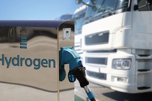 Self service hydrogen filling station on a background of trucks