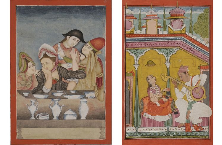 À gauche : «Une élégante Européenne à table» (Rajasthan, vers 1760-80) est estimé entre 2.000 et 3.000 euros. À droite : iIllustration tirée d'un Ragamala (Inde du Nord, vers 1690-1710), estimée entre 6.000 et 8.000 euros.