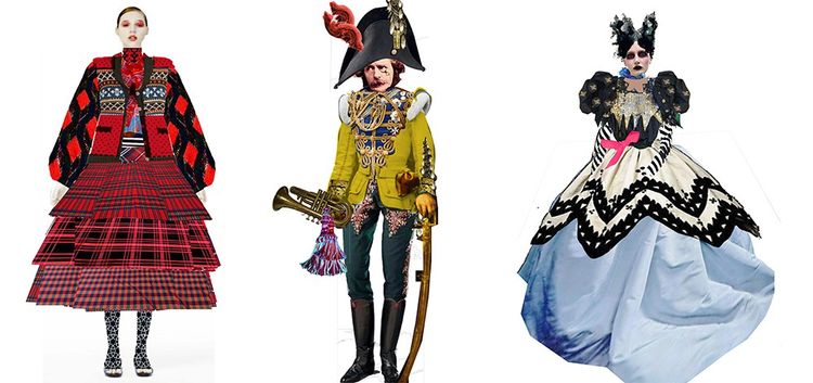 Trois des costumes signés Christian Lacroix (de gauche à droite) : la baronne (jour), le général et Gabrielle.
