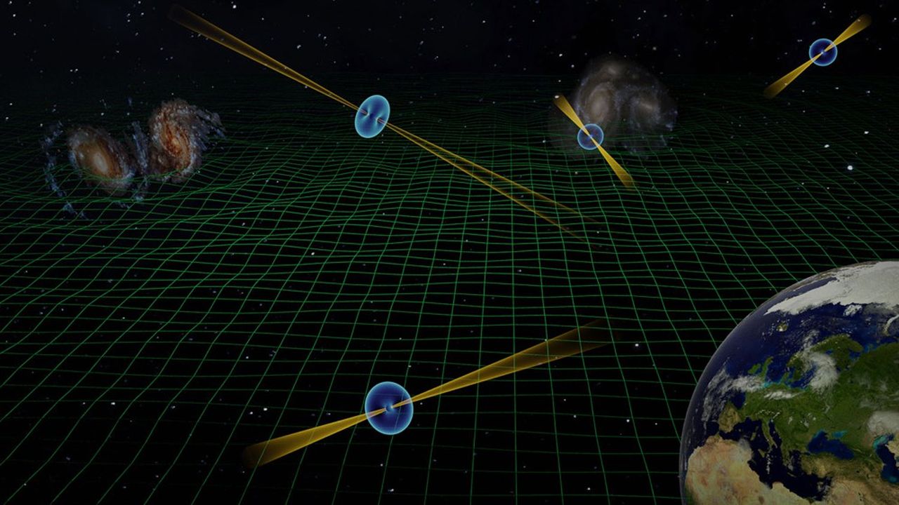 Vue d'artiste d'un réseau de pulsars. Mesurée sur Terre, la variation du temps d'arrivée de leurs impulsions radio (faisceaux jaunes) permet de détecter les propagations d'ondes gravitationnelles déformant l'espace-temps (trame verte).