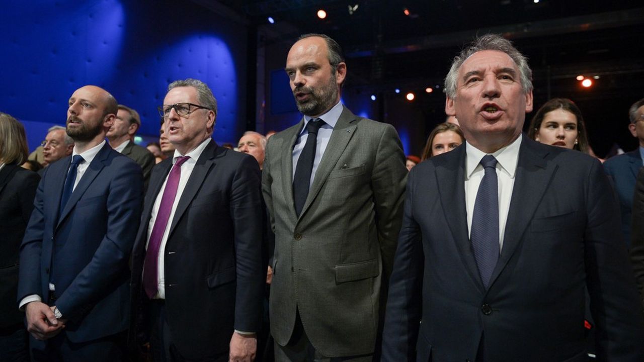 Stanislas Guérini (LREM), Richard Ferrand (LREM), Edouard Philippe (Horizons) et Francois Bayrou (Modem), lors d'un meeting de la majorité pour les élections européennes de mai 2019