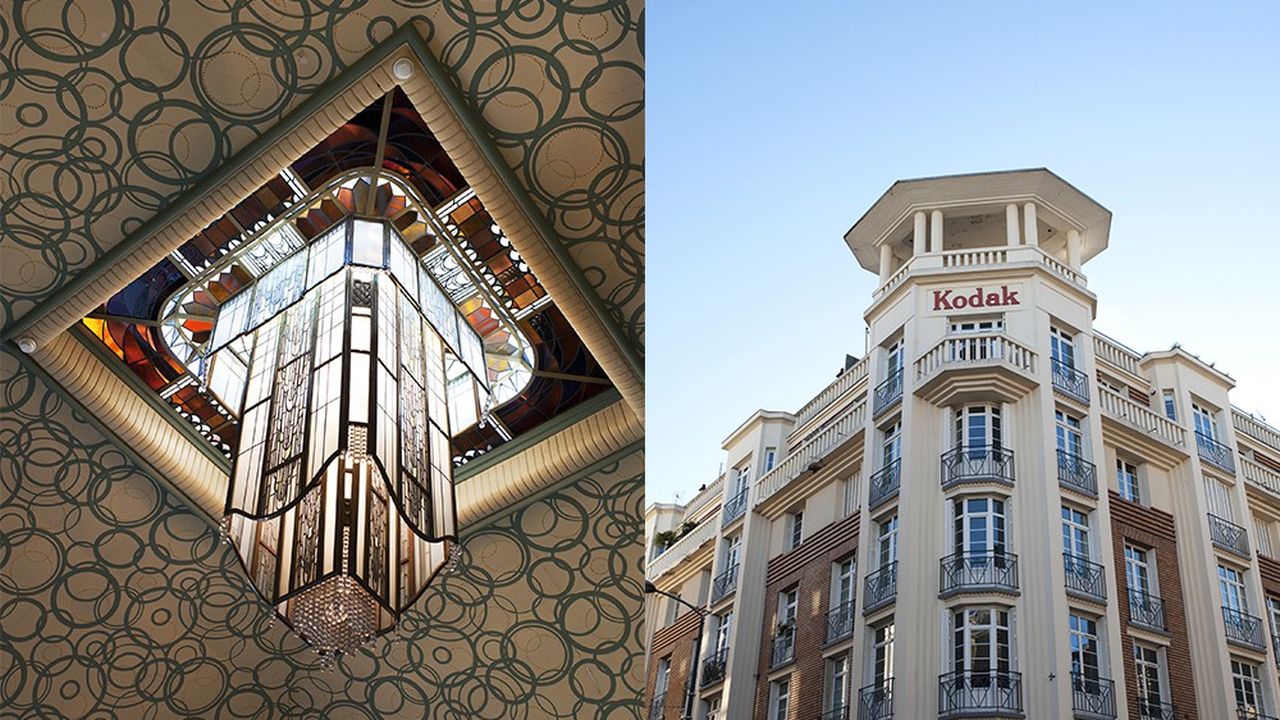 Deux joyaux de l'époque Art déco à Reims, le lustre de la bibliothèque Carnegie (à gauche) et l'immeuble Kodak (à droite).