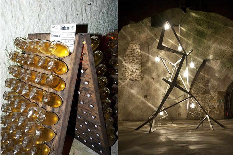 Dans les caves de la maison Ruinart, des bouteilles de champagne et une oeuvre d'art, «Retour aux sources», cré ée in situ en 2019 par le duo d'artistes Mouawad Laurier.