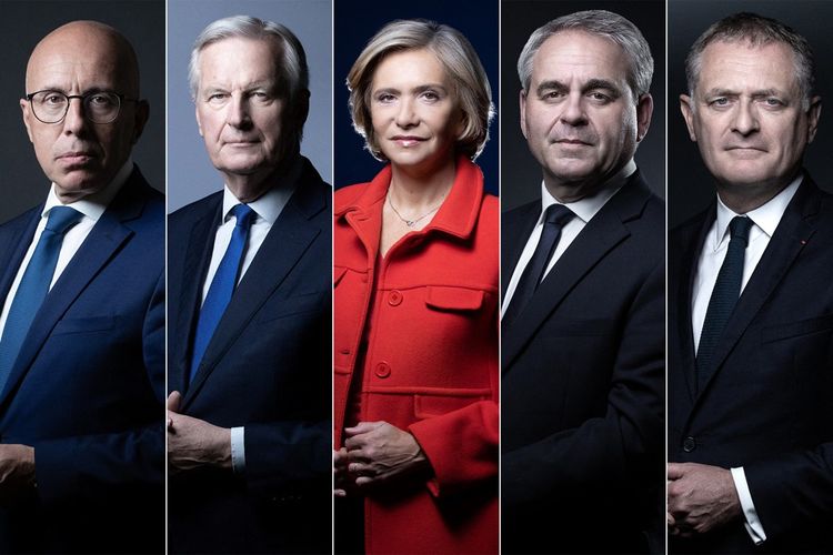 Quatre débats télévisés sont prévus entre les cinq candidats : les 8, 14, 21 et 30 novembre. (De gauche à droite : Eric Ciotti, Michel Barnier, Valérie Pécresse, Xavier Bertrand et Philippe Juvin)
