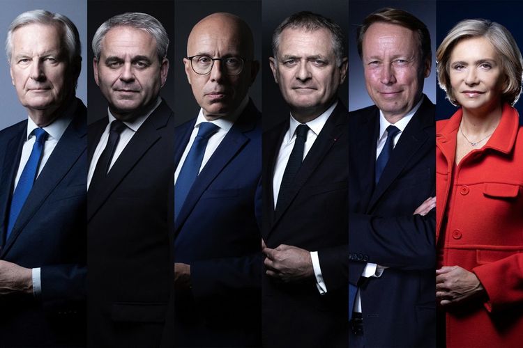 Les six candidats, de gauche à droite (et par ordre alphabétique) : Michel Barnier, Xavier Bertrand, Eric Ciotti, Philippe Juvin, Denis Payre et Valérie Pécresse.