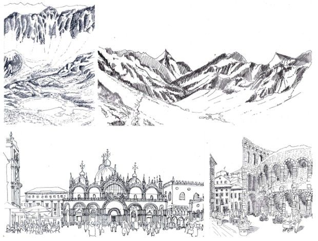 Que ce soit dans la nature ou dans les villes, Arnaud Comte relate son trajet avec son carnet et son stylo : à Tyrol, en Autriche (dessins du haut), à Venise ou encore à Vérone, en Italie (dessins du bas). 