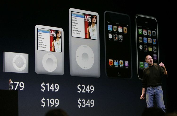 De gauche à droite, l'iPod Shuffle, l'iPod Nano, l'iPod Classic, l'iPod Touch et l'iPhone.