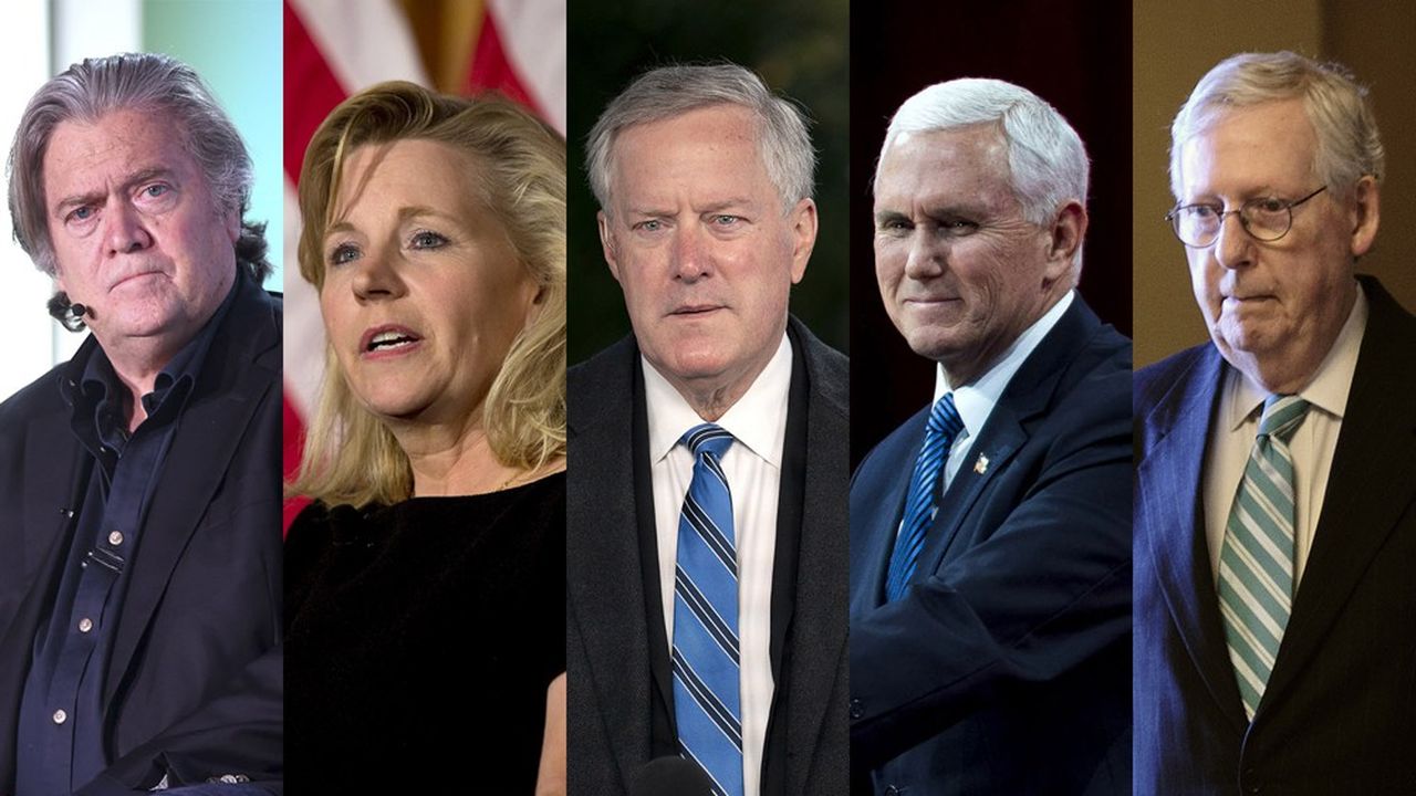 Steve Bannon, Liz Cheney, Mark Meadows, Mike pence et Mitch McConnell.