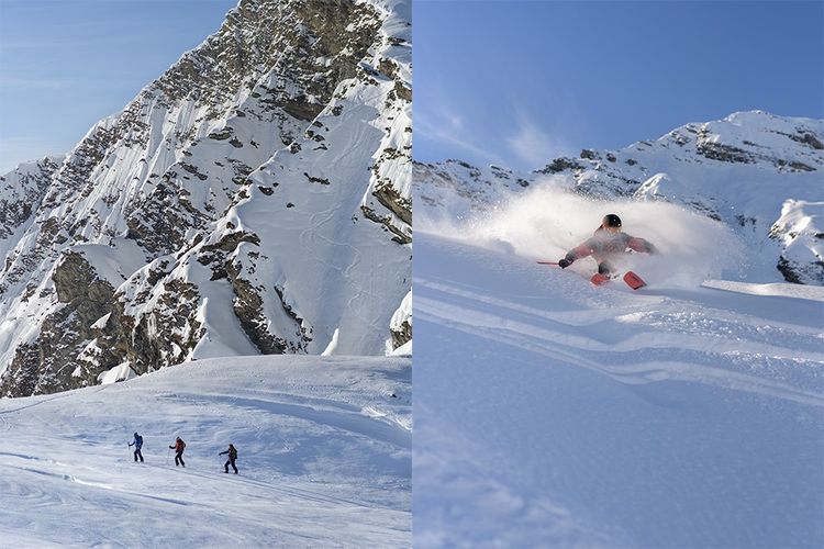 Left: ski touring outing.  Right: Victor Lourdel freeriding in Avoriaz.