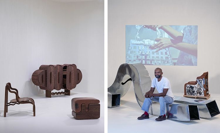 Foro Chair, Chichira Cabinet et efo Stool réalisé par le Mabeo Studio de Peter Mabeo. Sculpture Gabi-Gabi, Foro Chair. En arrière-plan, le sac Peekaboo customisé par le studio Mabeo.