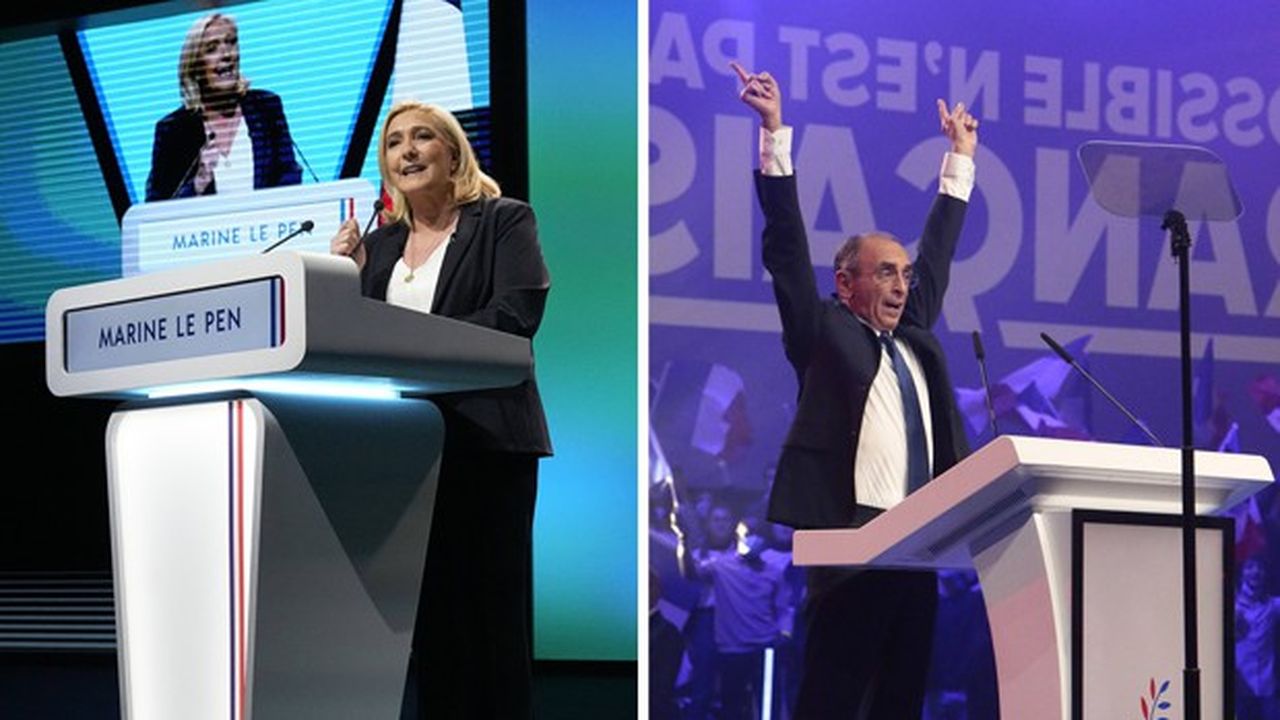 Les deux candidats d'extrême droite Marine Le Pen (RN) et Eric Zemmour (Reconquête) en meeting.