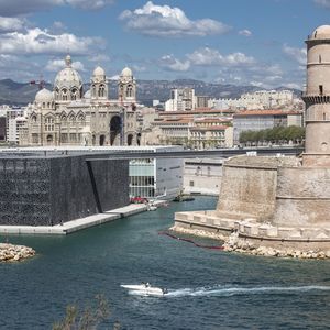 Cathedral, Fort and Mucem building Marseille harbour, France