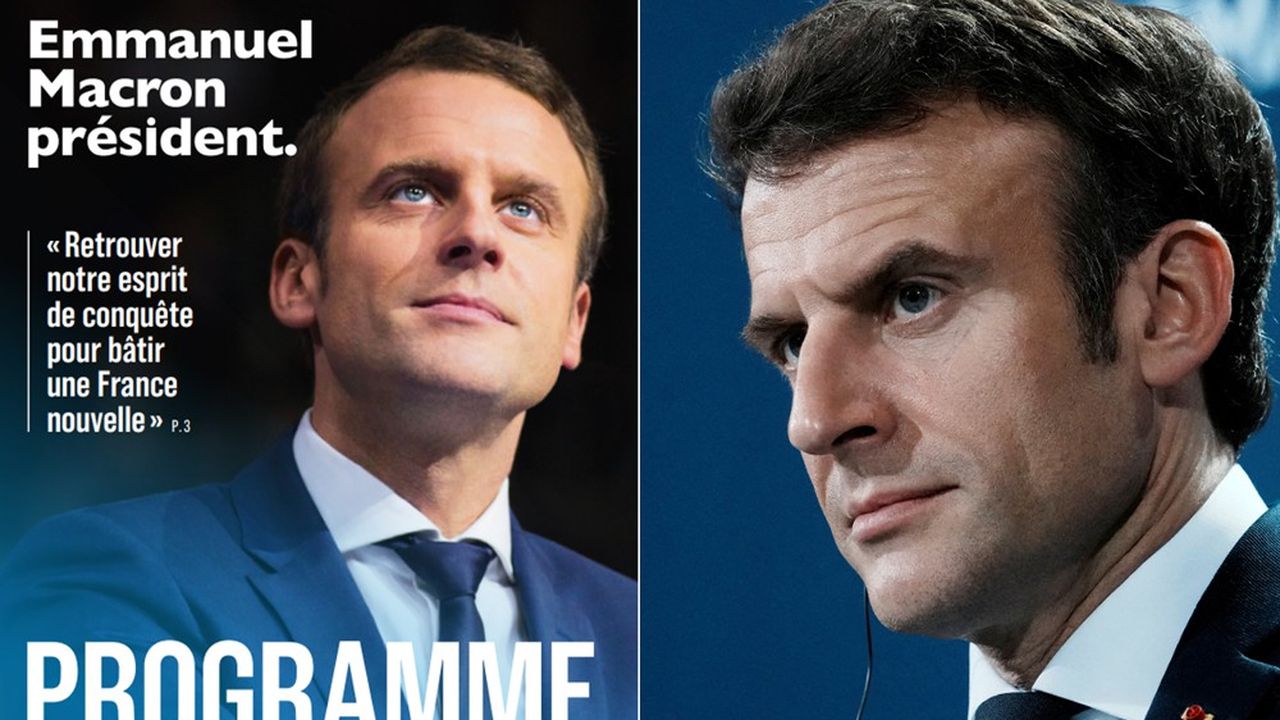 A gauche, la première page du tract présentant le programme d'Emmanuel Macron en 2017. Tract dont différentes pages illustrent cet article.