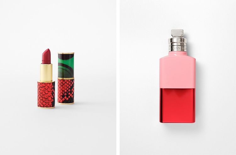 Dries Van Noten's “Beauty” line: Malachite Snake lipstick box (left), Raving Rose perfume in a recycled two-material bottle.