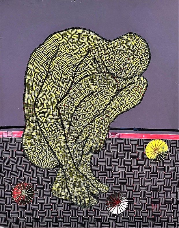 « Méditation » (2019), Ibrahim Ballo. Acrylique et fils de coton sur toile.