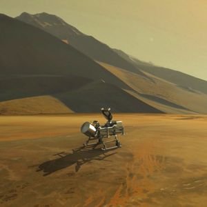 Nous sommes à la toute fin de l'année 2034 : le drone Dragonfly de la Nasa vient de se poser à la surface de Titan, dans le désert de dunes de Shangri-La (vue d'artiste).