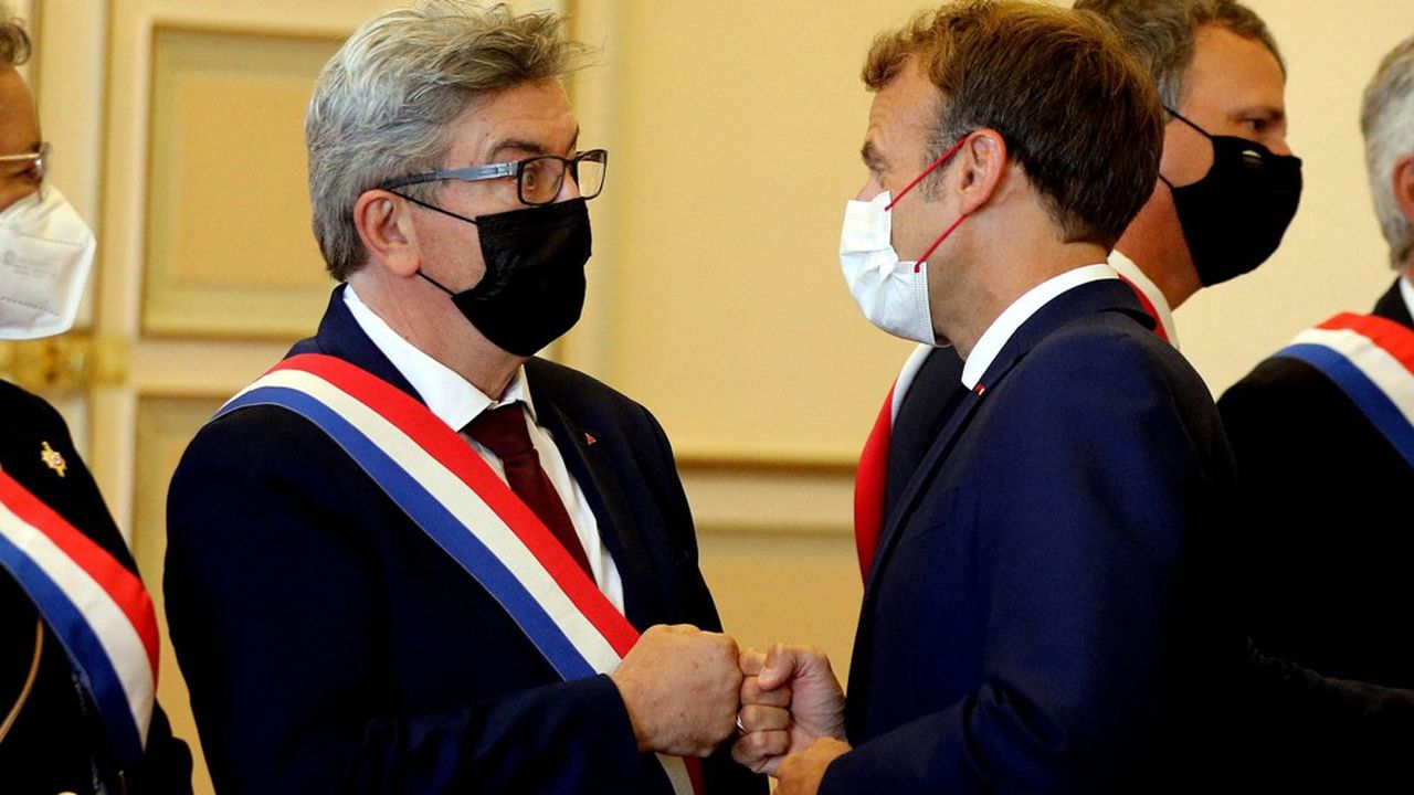 Jean-Luc Mélenchon et Emmanuel Macron à Marseille, le 1er septembre 2021.