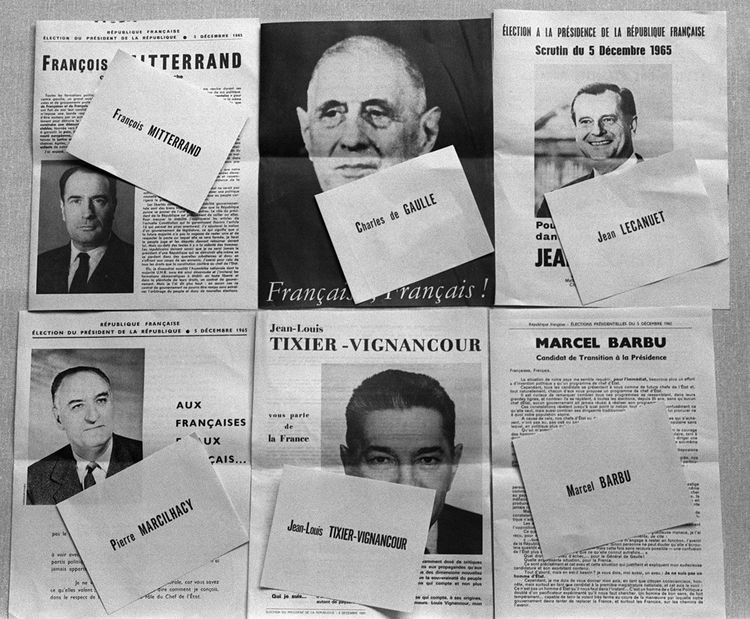 Les bulletins de vote des six candidats en lice au premier tour de la présidentielle 1965.