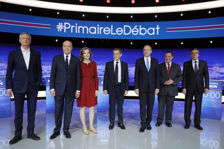 Les 7 candidats à la primaire de la droite : Bruno Le Maire, Alain Juppé, Nathalie Kosciusko-Morizet, Nicolas Sarkozy, Jean-François Copé, Jean-Frédéric Poisson et François Fillon.