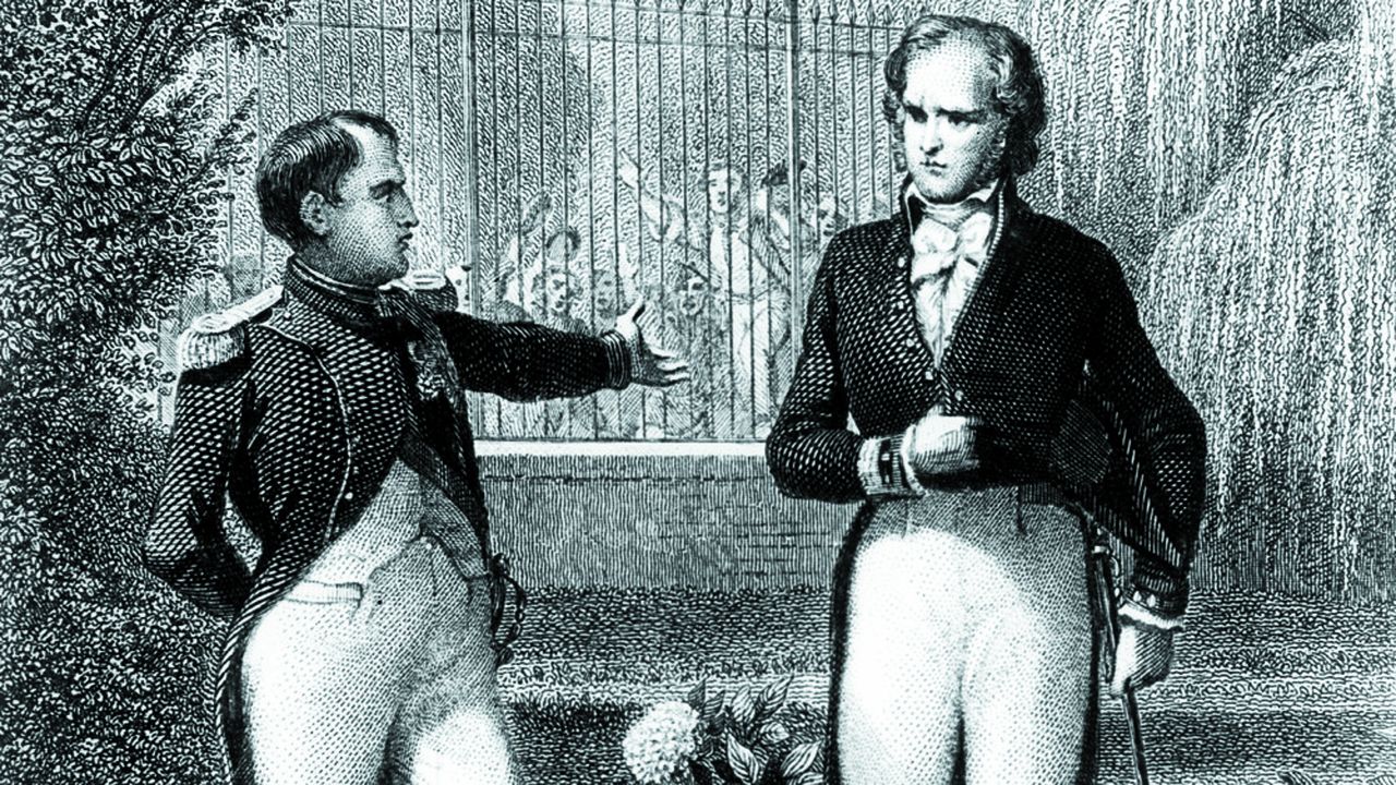 L'empereur Napoléon Ier et l'écrivain Benjamin Constant à la Malmaison, gravure d'après Philippoteaux.