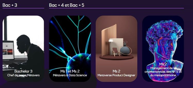 Le Metaverse College a un bachelor (un an) pour les bac+2 et trois master pour les bac+4 et bac+5 - en formation continue ou en alternance.