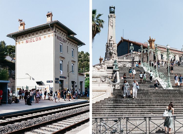 La gare de Niolon et l'escalier monumental de la gare Saint-Charles, à Marseille. Entre les deux, une petite demi-heure de TER. 