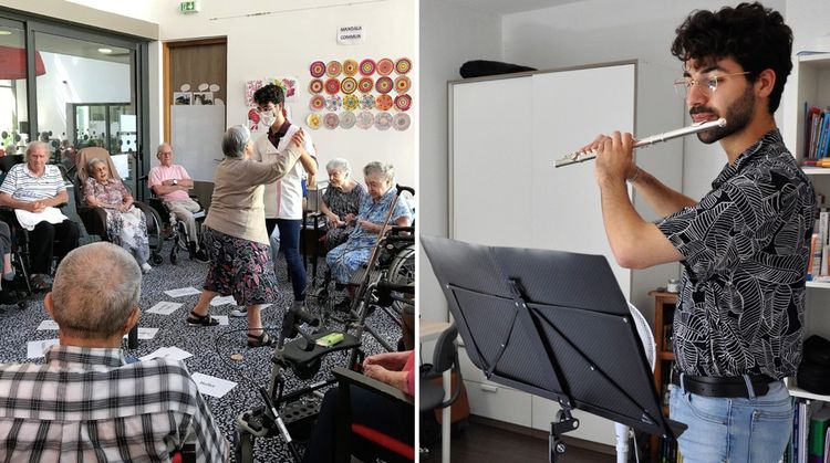 Grand amateur de flûte traversière et étudiant en musicothérapie, Alexandre organise des ateliers autour de la musique destinés aux résidents de l'Ehpad Françoise Gauffier de Montpellier.