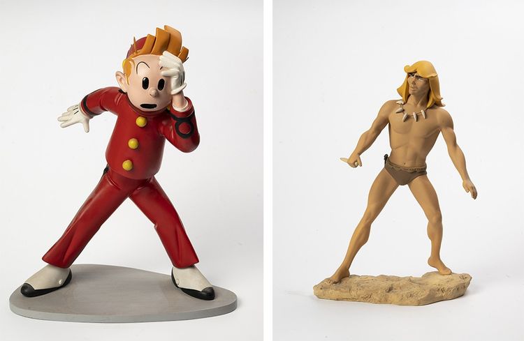 À gauche : figurine de Spirou de 1956, estimée entre 1.000 et 1.500 euros. À droite : Rahan (2000) est valorisé entre 100 et 150 euros.