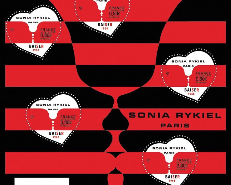 Bloc 5 timbres « coeur baiser » signés par la Maison Sonia Rykiel.