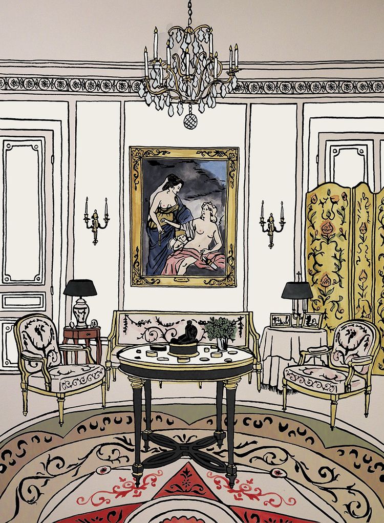 Icône des couturiers, créatrice elle-même, Jacqueline de Ribes a vécu dans un sublime écrin à la gloire du XVIIIe siècle. Exemple avec le tableau d'Elisabeth Vigée Le Brun dans le grand salon