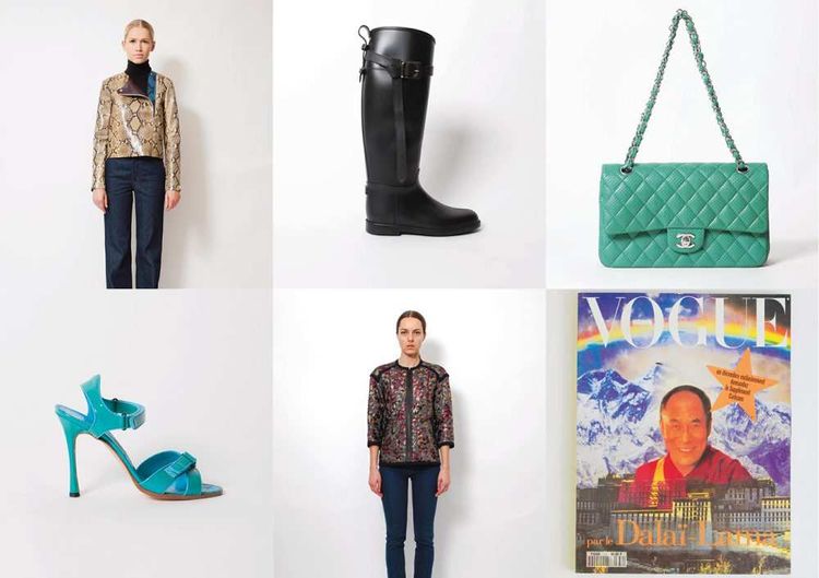 De gauche à droite et de haut en bas : veste en python Céline, bottes en caoutchouc Burberry, sac Chanel, sandale Manolo Blahnik, veste Marc Jacobs, numéro de « Vogue Paris » par le Dalai Lama.
