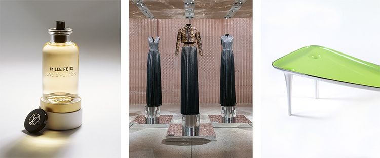 À gauche le flacon de parfum Louis Vuitton, au centre l'exposition Azzedine Alaïa, à droite la table «Black Hole Chope Top».