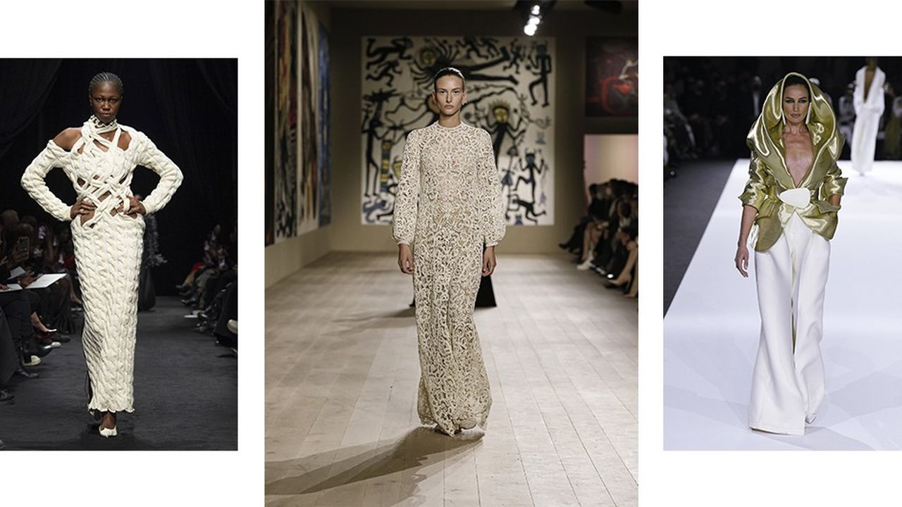 De gauche à droite, looks de Jean-Paul Gaultier x Glenn Martens, Dior et Stéphane Rolland.